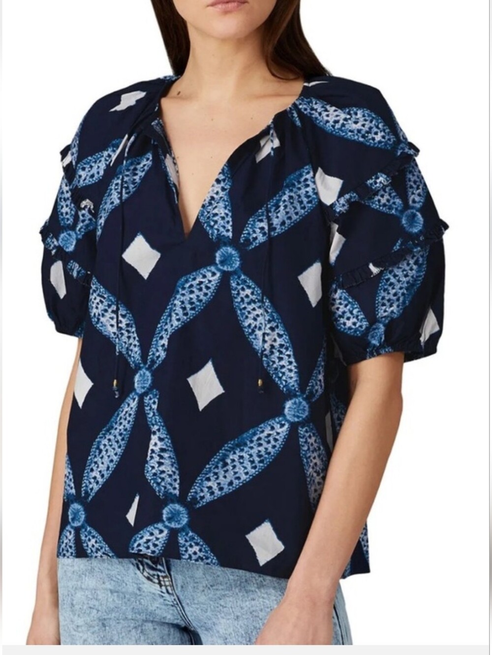 Ulla Johnson Arusi Top Ruffled Puffed Sleeve V-Neck Cotton Blouse